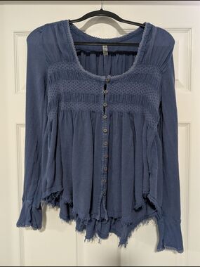 Women's Blue Button-Front Peasant Blouse